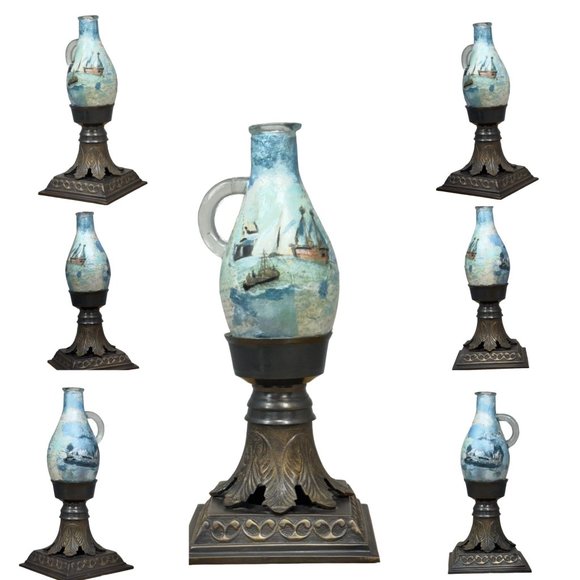 Upcycled Mid-Century Glass and Brass Candle Holders, Hand Painted & Decoupaged - Picture 6 of 16